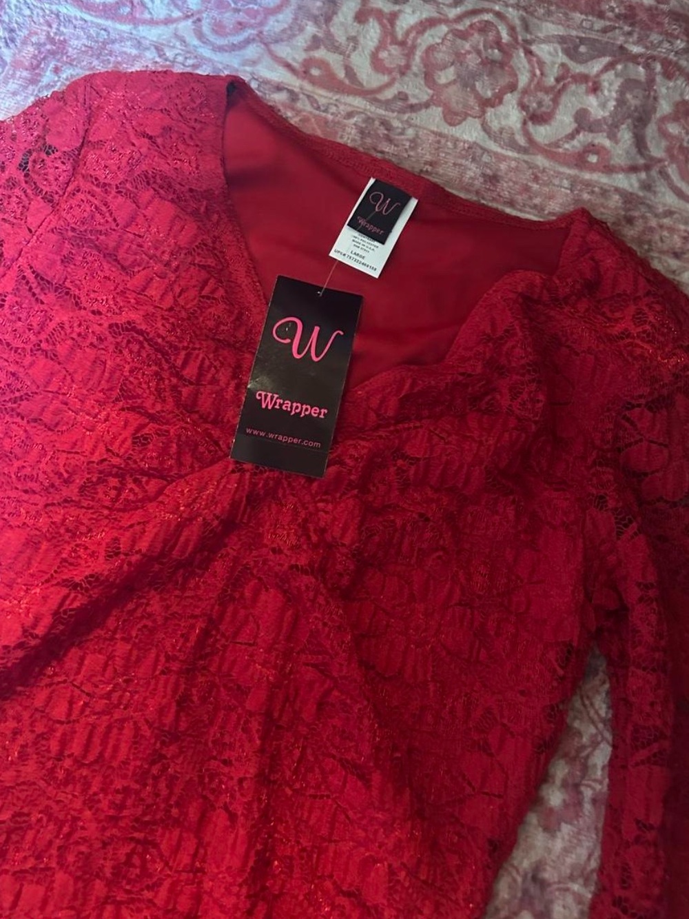 DEADSTOCK Wrapper Red Lace V‑Neck Long Sleeve Blouse